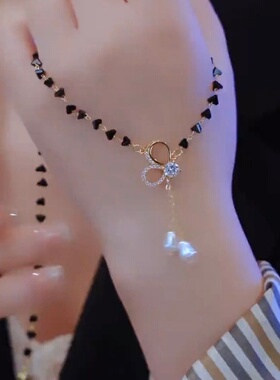 小众设计感黑色水晶流苏项链女