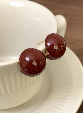 酒红色相思豆纯银针耳钉爆款耳饰