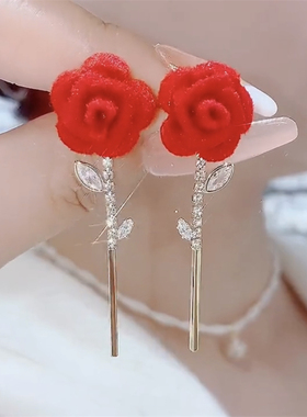温柔显白高晶红色玫瑰花朵耳环女