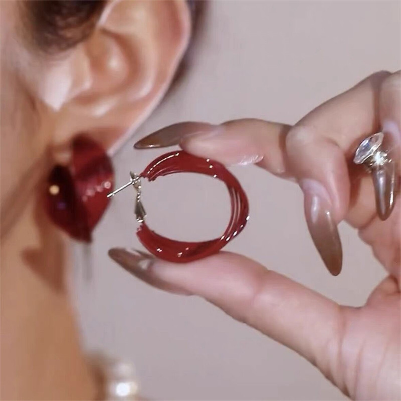 925银针酒红色滴釉大耳圈秋冬新款圆形耳环女气质轻奢高级感耳饰,淘宝优惠券,粉丝福利购,淘宝优惠卷