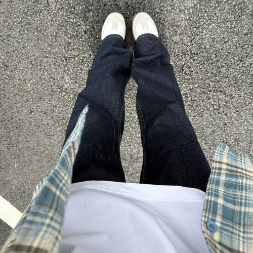 LEFT7 美式原色丹宁深蓝色牛仔裤男复古直筒宽松cleanfit微喇裤子 - 图2