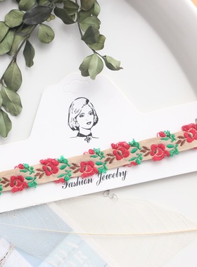 安可拉红秋冬颈链蕾丝choker小众项链女锁骨链玫瑰花朵刺绣项圈颈