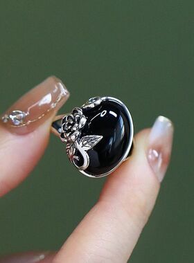 黑曜石戒指黑玫瑰花女士小众轻奢复古设计民族风文艺国潮开口指环