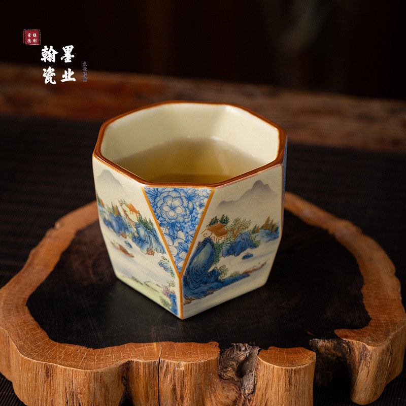 景德镇陶瓷粉彩汝窑兰山水八方杯家用个人专用主人杯开片可养茶杯,淘宝优惠券,粉丝福利购,淘宝优惠卷