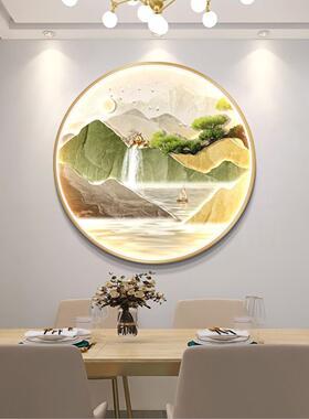 流行简约绿色奶油风流水生财玄关装饰画山水画客厅挂画圆形餐厅画