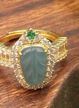 天然缅甸翡翠A货冰种金枝叶子排镶满钻戒指多样性发其一9022