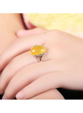 s925新款纯银空托戒镶嵌琥珀空托