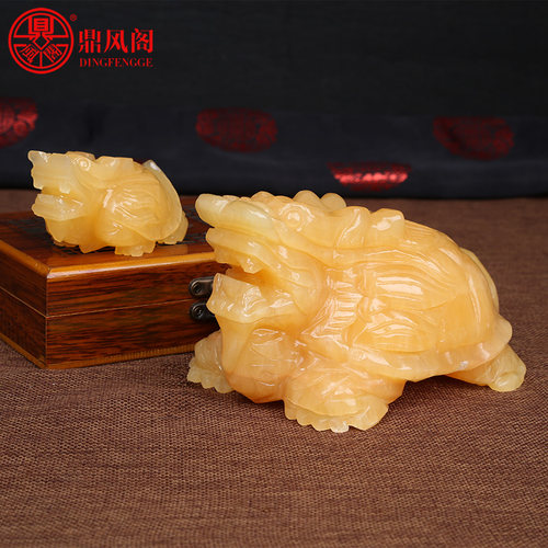 天然黑曜石龙龟摆件客厅招财黄玉石龙龟福运龙龟装饰石雕摆件 - 图3