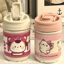 Strawberry Bear Plastic Cup High Temperature Resistant Girl High Face Value Double Drinking Straw Cute Student Water Cup Portable Child Small