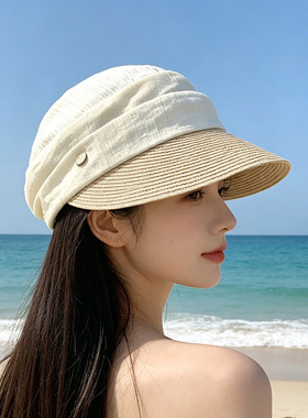 薄款透气褶皱鸭舌帽女夏季海边沙滩度假防晒帽条纹显脸小马术帽子