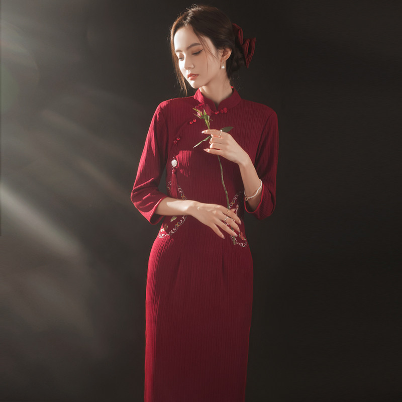 红色旗袍2021年新款秋冬长袖敬酒服 颜赋绣旗袍