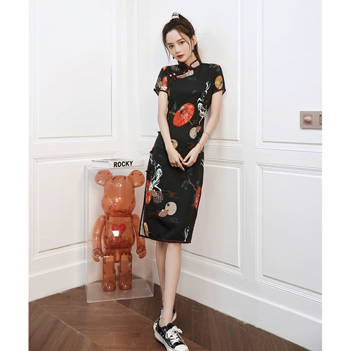 Черное летнее ципао, легкое винтажное платье, 2025 года, светлый стиль, китайский стиль