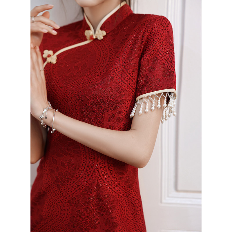 旗袍新娘中式高级感红色蕾丝敬酒服 颜赋绣旗袍