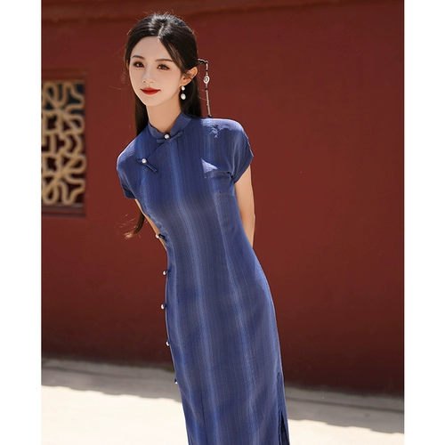 Летнее легкое синее ретро ципао для школьников, китайский стиль, 2025 года, светлый стиль