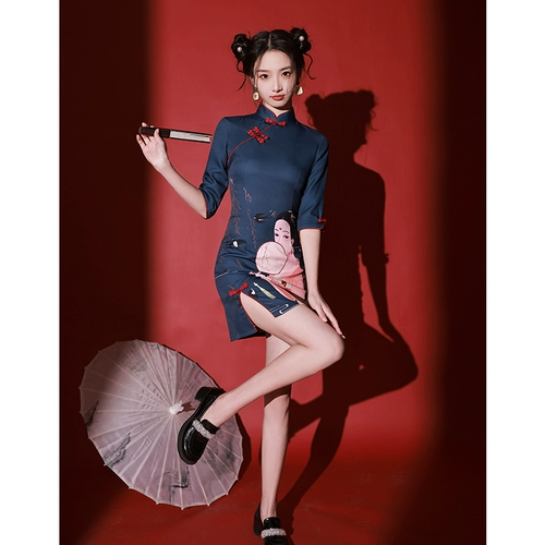 Летнее легкое короткое ципао, светлый стиль, китайский стиль, подходит для подростков