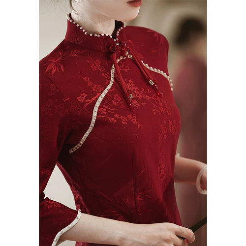 Красное ципао, демисезонное вечернее платье, лонгслив, свадебное платье для невесты, премиум класс, китайский стиль