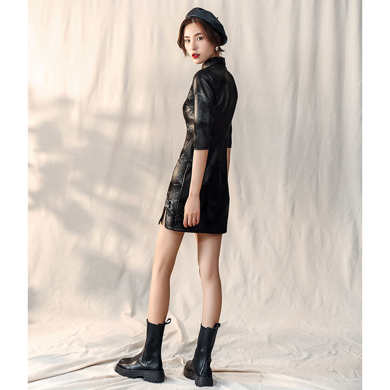 黑色2021年新款秋冬中国风改良旗袍 颜赋绣旗袍