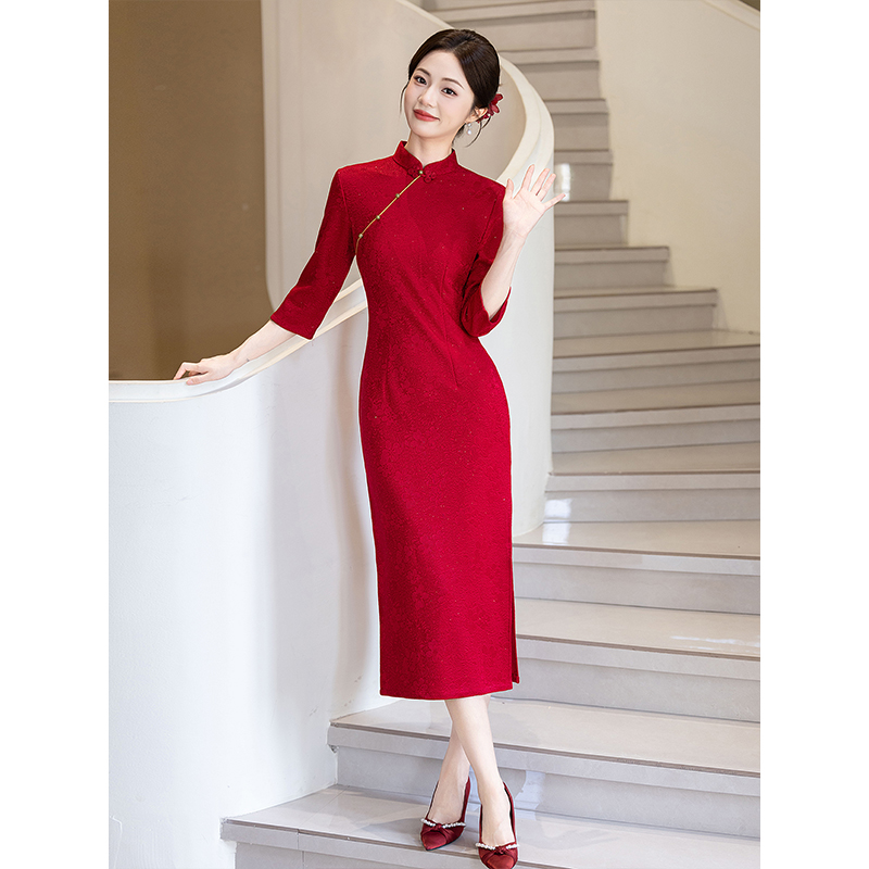 红色旗袍敬酒服新娘秋冬长袖新中式改良年轻款结婚订婚礼服连衣裙 - 图2