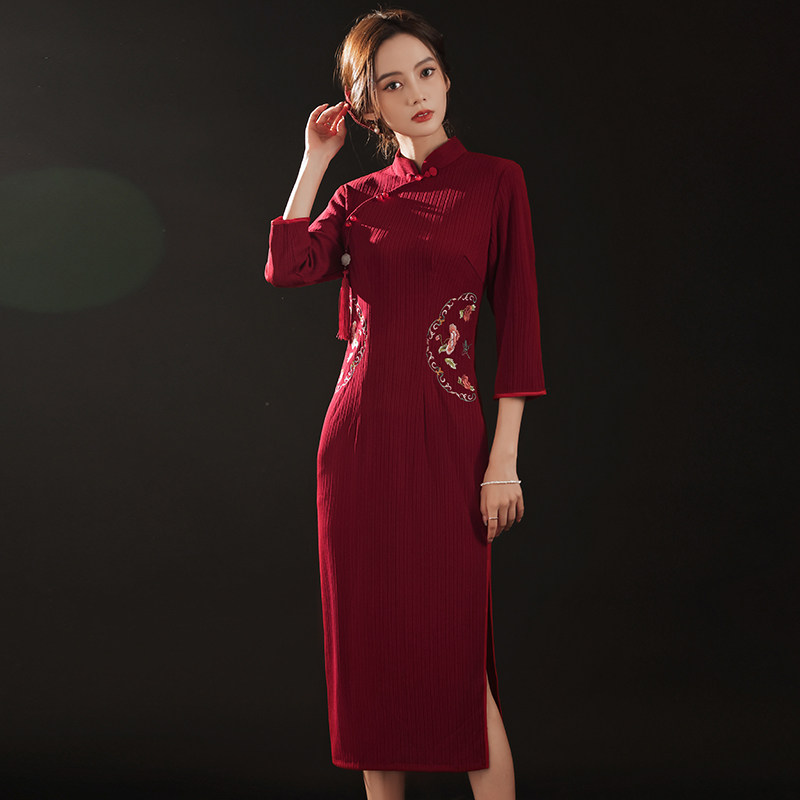 红色旗袍2021年新款秋冬长袖敬酒服 颜赋绣旗袍