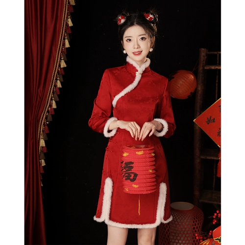 Красное ципао, утепленное летнее праздничнное вечернее платье, подходит для подростков