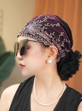 2026秋季新款绣花刺绣包头帽女百搭时尚透气遮白发花朵透气遮阳帽