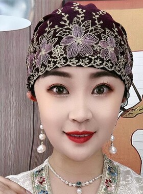 2024夏季新款蕾丝刺绣包头帽女百搭遮白发帽子透气妈妈盘发发带帽