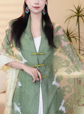 2026春夏新款民族风刺绣盘扣丝巾披肩女防晒外搭薄款旅游拍照围巾