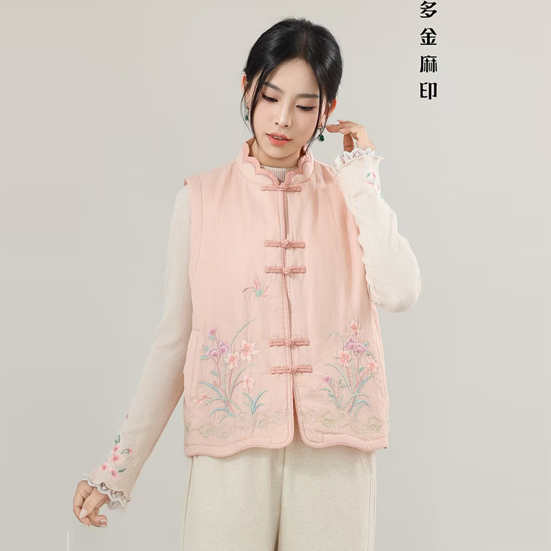 多金麻印新中式女装马甲上衣2025秋冬国风夹棉外套苎麻刺绣坎肩女