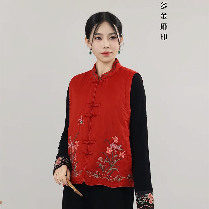 多金麻印新中式女装马甲上衣2025秋冬国风夹棉外套苎麻刺绣坎肩女