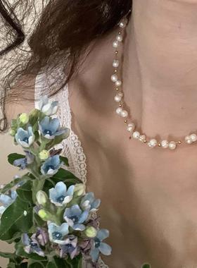 项链高级感满天星天然珍珠纯银锁骨链女小众轻奢设计满天星颈链