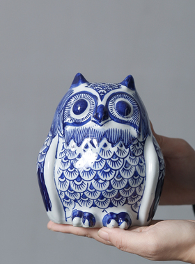 中式复古猫头鹰装饰摆件可爱陶瓷