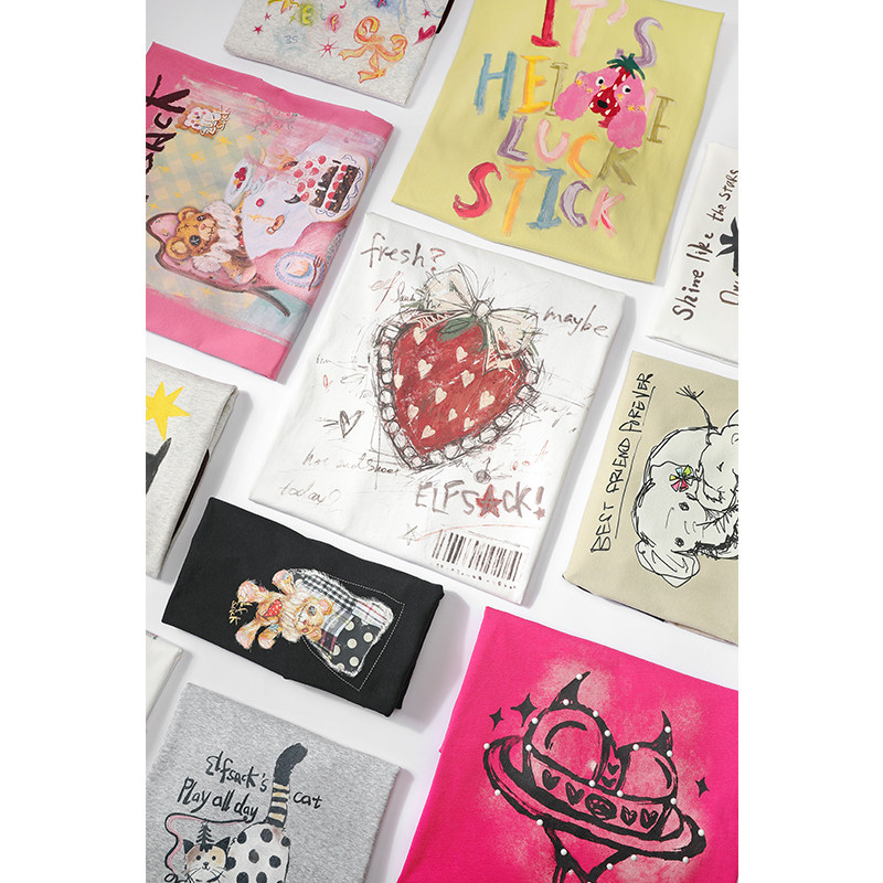 妖精的口袋印花插肩修身短袖t恤女2026夏新款宽松显瘦设计感上衣