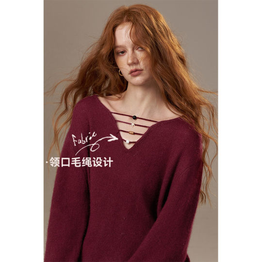 妖精的口袋v领慵懒风圣诞毛衣女25秋冬新款宽松显瘦高级感绵羊毛