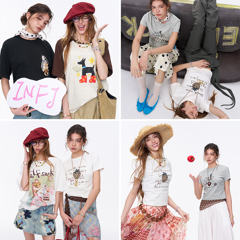 妖精的口袋印花插肩修身短袖t恤女2026夏新款宽松显瘦设计感上衣
