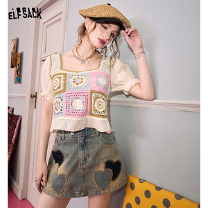 妖精的口袋雪纺拼接方领钩花针织衫女2024春夏新款泡泡袖短款上衣