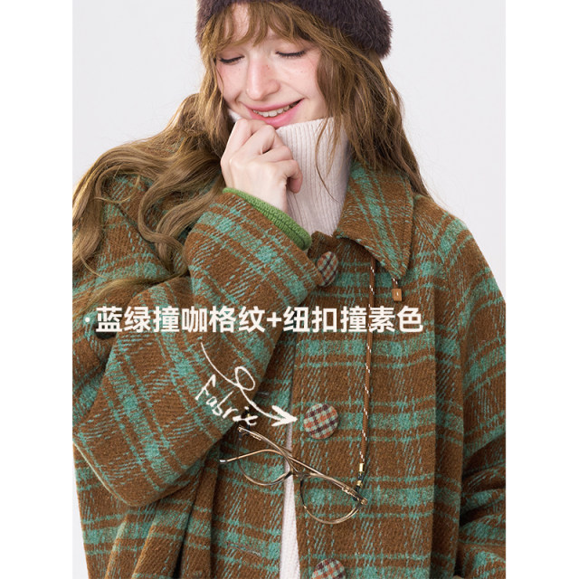 妖精的口袋复古格纹中长款毛呢外套女2025冬新款小个子学院风大衣