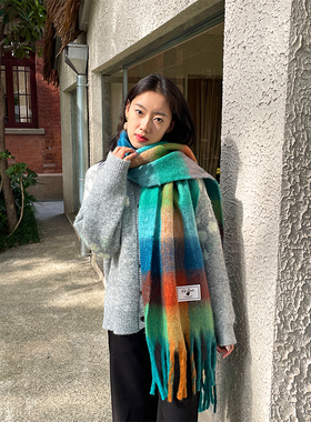 妖精的口袋格纹撞色复古流苏围巾