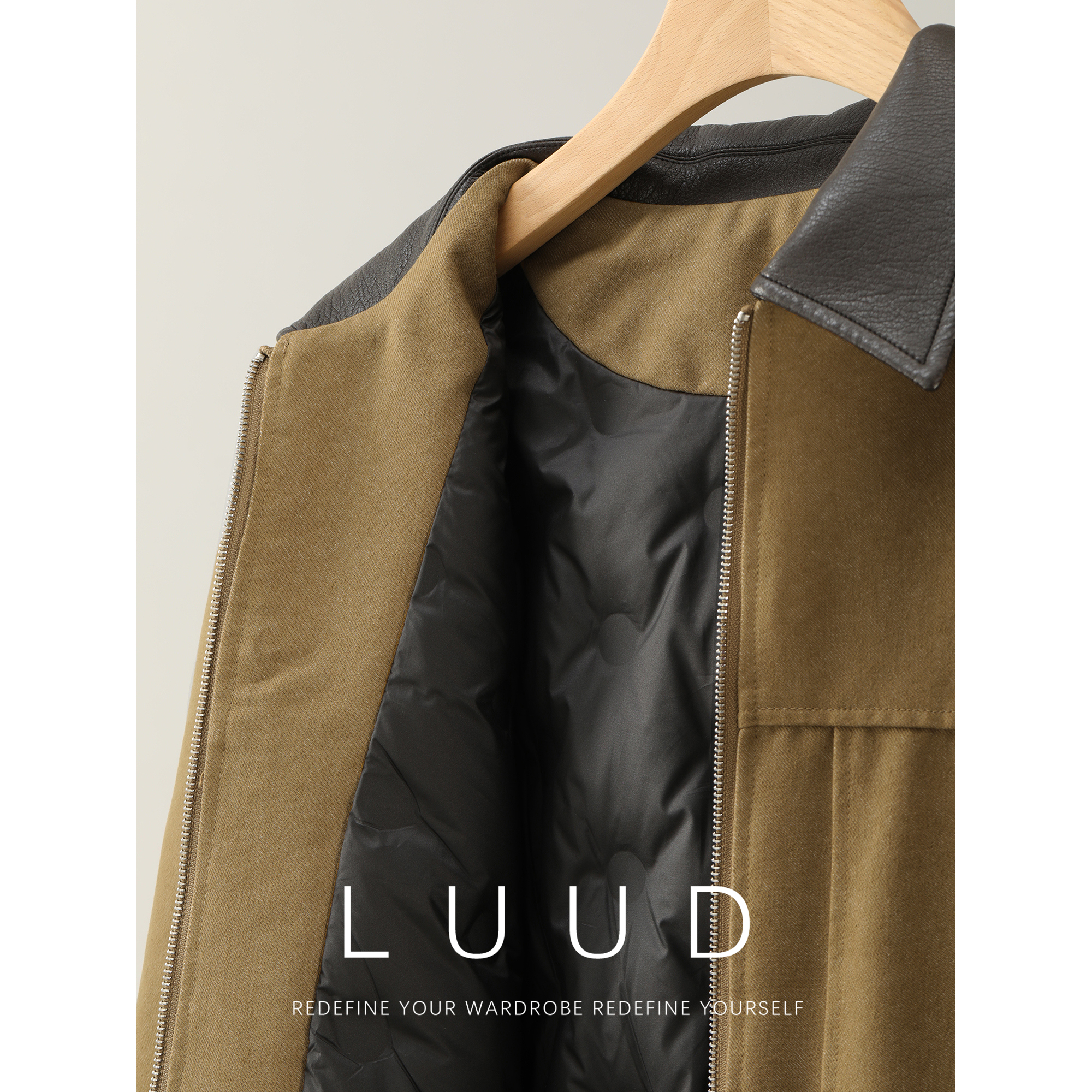 LUUD 哈灵顿巴恩风85白鸭绒皮领羽绒夹克男冬铆钉装饰水洗棉外套 - 图1