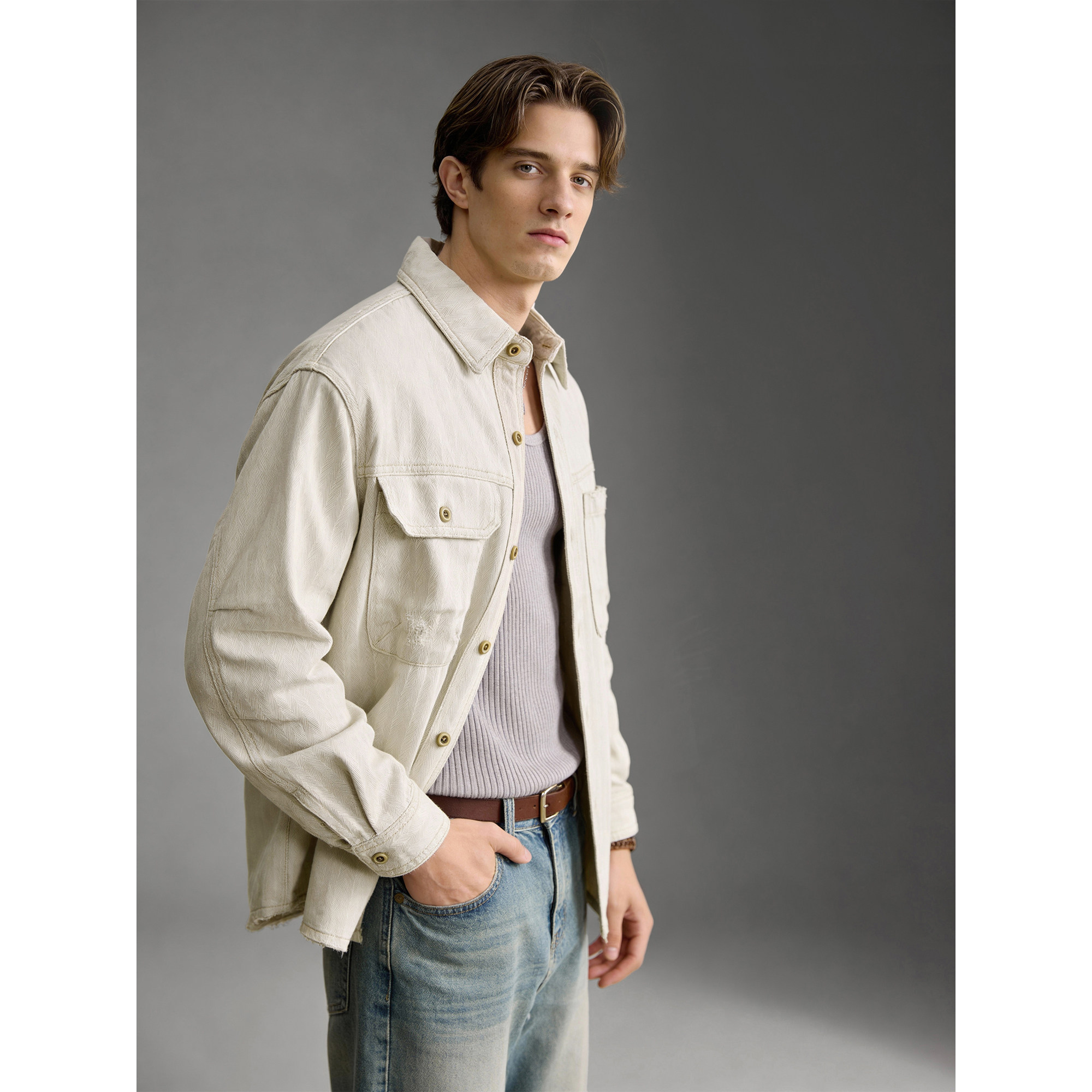 LUUD 早春100%纯棉双口袋衬衣外套男士水洗白牛暗纹肌理牛仔衬衫,淘宝优惠券,粉丝福利购,淘宝优惠卷