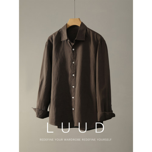LUUD 韩系慵懒风亚麻天丝长袖衬衫男松弛老钱风简约时尚翻领衬衣 - 图1