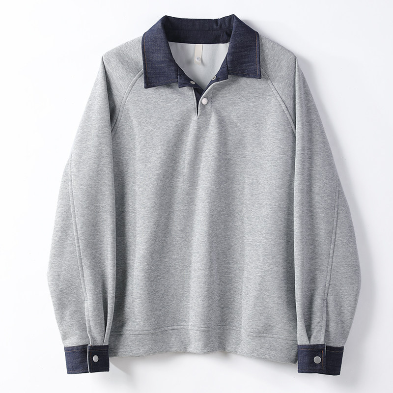 特价 350g重磅撞色落肩长袖POLO衫男秋水洗棉牛仔布拼接翻领卫衣,淘宝优惠券,粉丝福利购,淘宝优惠卷