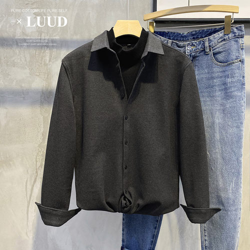 LUUD冬季假两件拼接毛呢料衬衣加厚半高领绅士休闲卫衣男保暖毛衫 - 图2