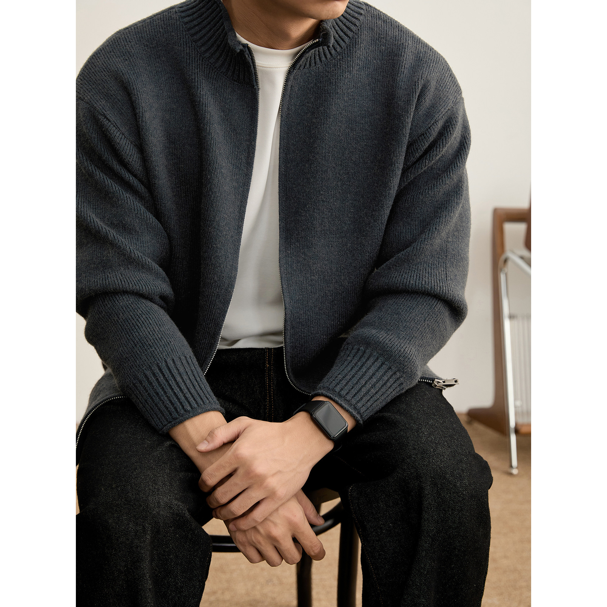 LUUD 极简轻熟螺纹立领毛衣外套男士冬季重磅930g老钱风针织开衫,淘宝优惠券,粉丝福利购,淘宝优惠卷