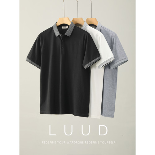 LUUD 男士夏季时尚通勤风拼色翻领短袖T恤撞色针织拼接领口POLO衫 - 图0