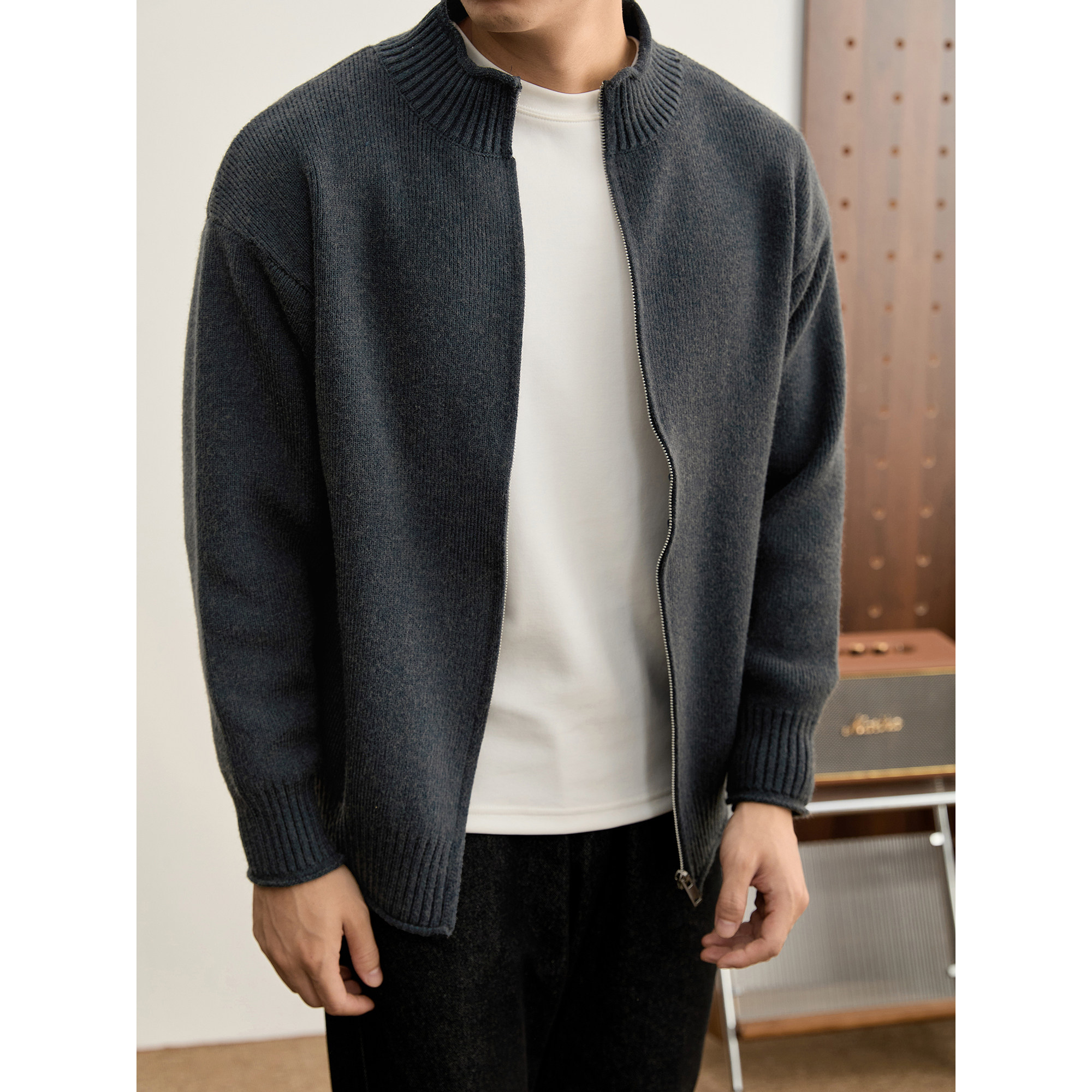 LUUD 极简轻熟螺纹立领毛衣外套男士冬季重磅930g老钱风针织开衫,淘宝优惠券,粉丝福利购,淘宝优惠卷