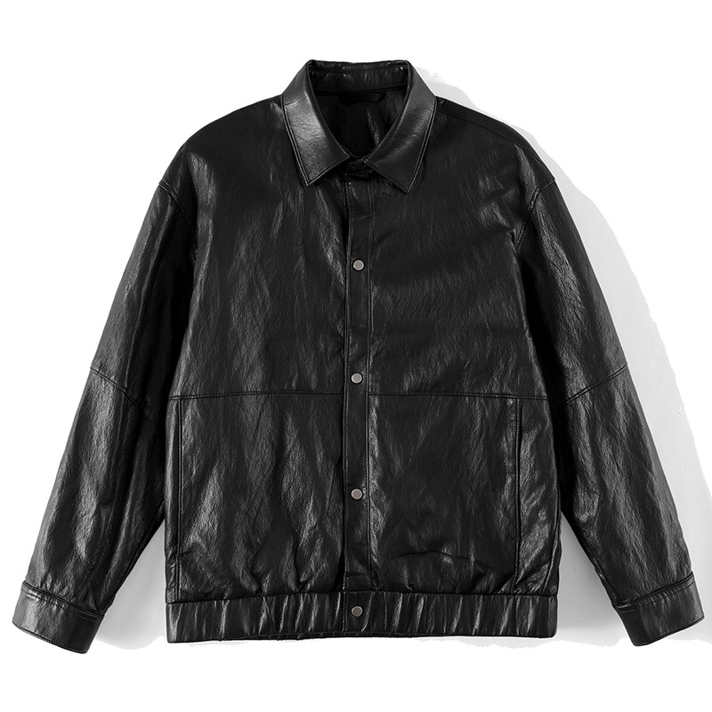 LUUD 男秋冬衬衫式PU皮夹克美式复古亮面暗纹翻领单排扣皮衣外套,淘宝优惠券,粉丝福利购,淘宝优惠卷