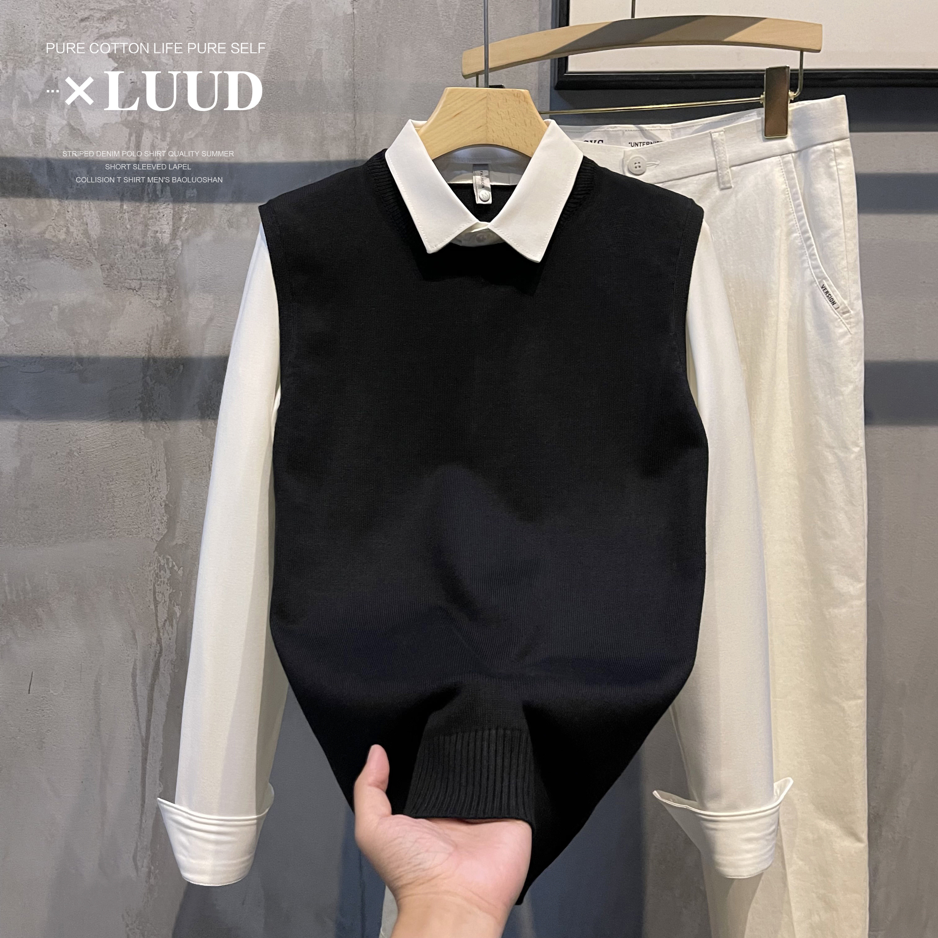 LUUD 假两件拼接套头针织衫男秋冬撞色衬衫翻领毛线衣修身上衣潮,淘宝优惠券,粉丝福利购,淘宝优惠卷