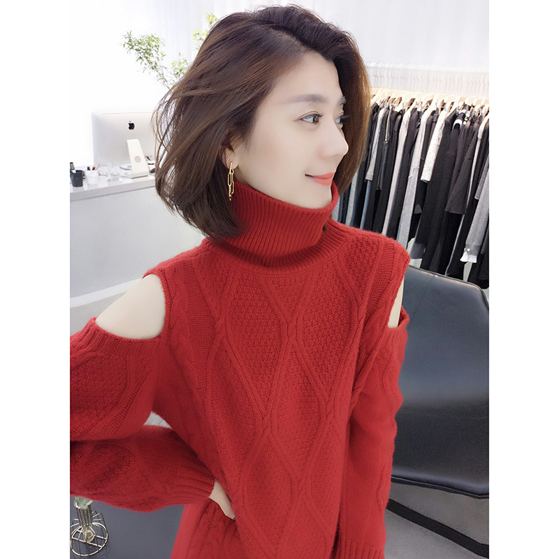 车厘子红露肩高领气质ins连衣裙 bobowaltz连衣裙