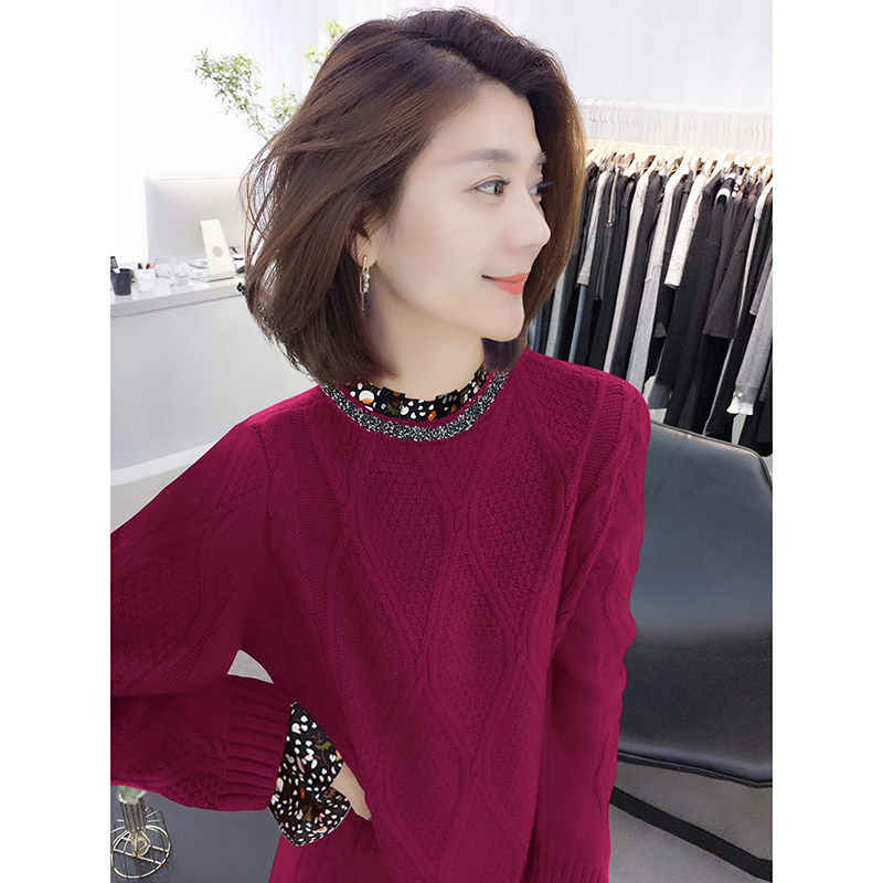 紫红色气质中长款针织碎花连衣裙 bobowaltz连衣裙