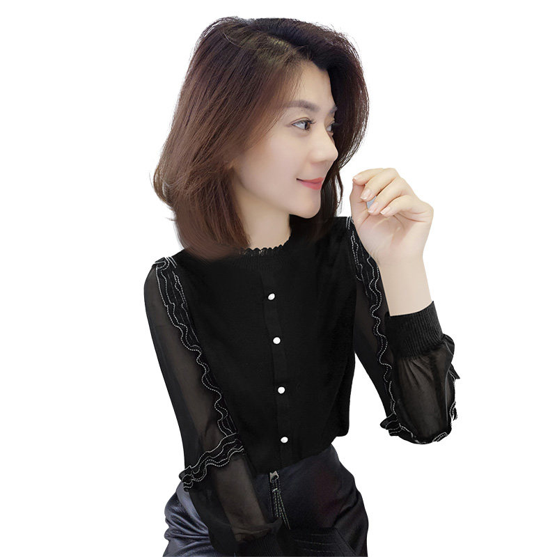 蕾丝袖拼接时尚网纱修身气质针织衫 bobowaltz毛针织衫